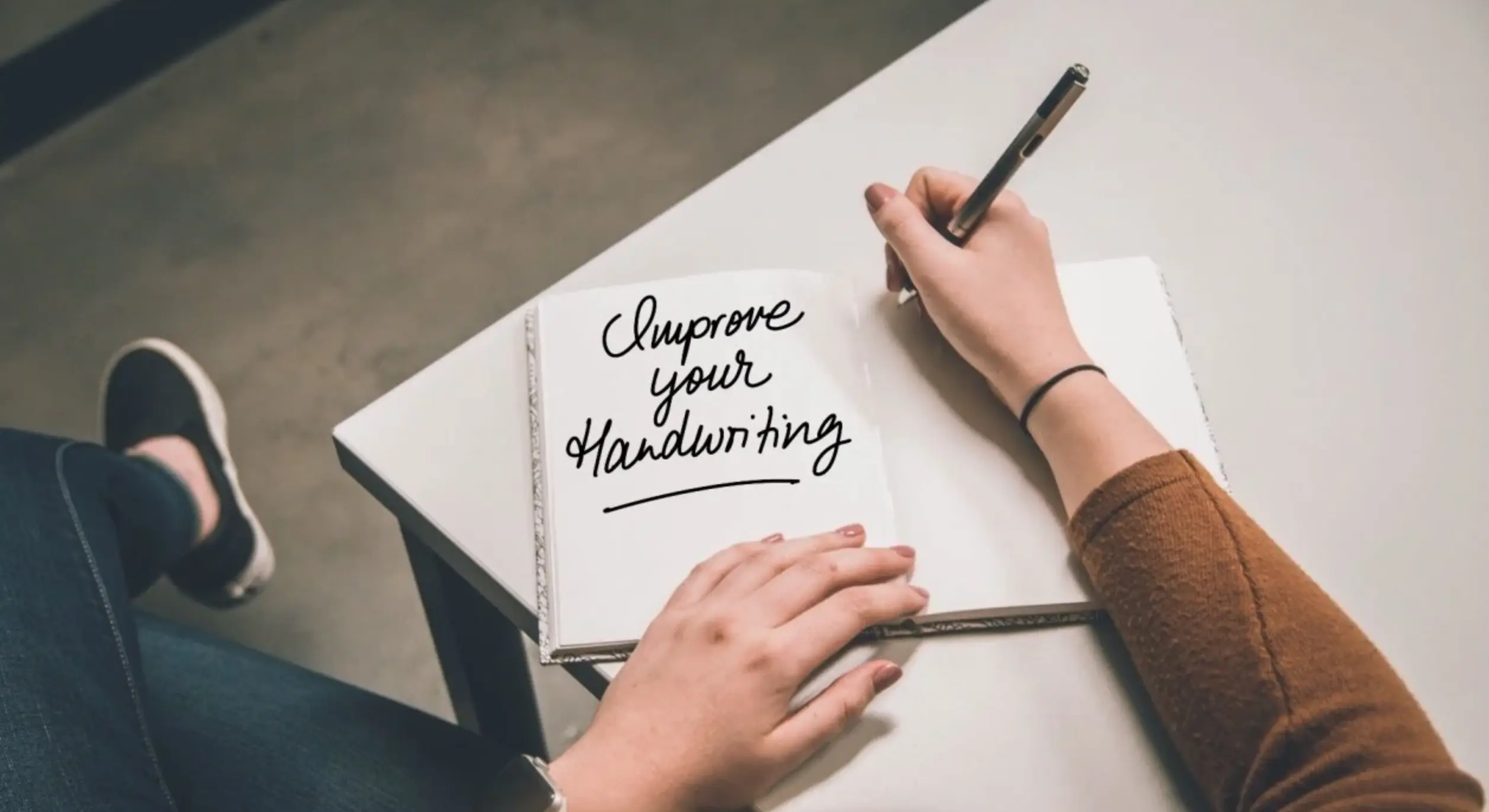 Adult writing in a practice notebook at a tidy desk — weekly handwriting improvement routine
