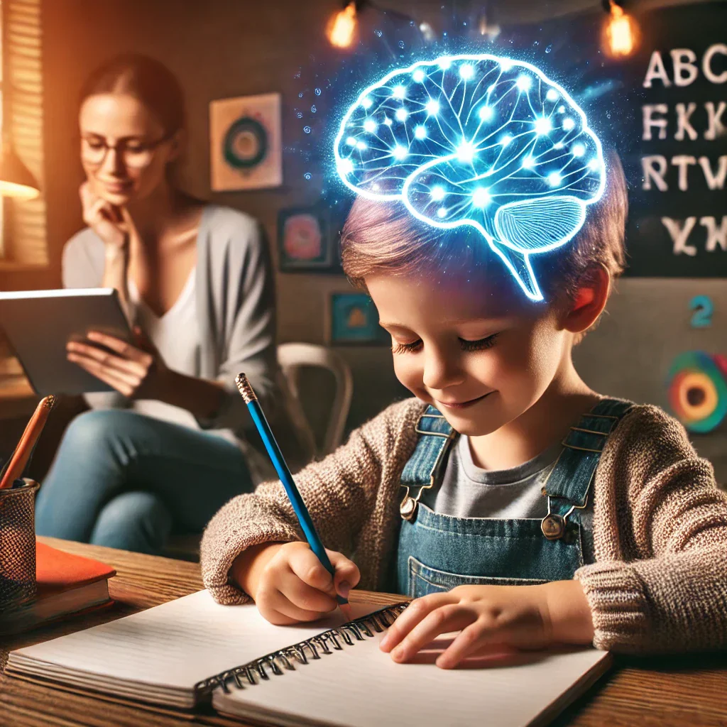 Young child practising handwriting letters on lined paper at a desk, pencil grip visible