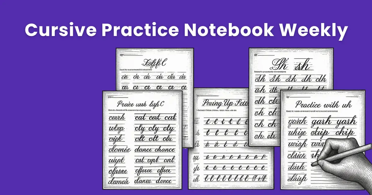 Open practice notebook showing a week of cursive handwriting sessions progressing in quality