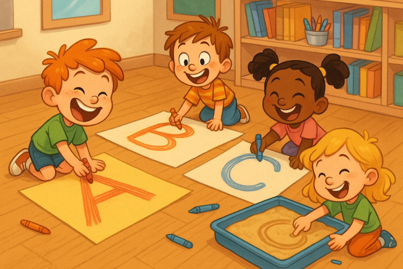 Primary school children writing at classroom desks during a handwriting game activity