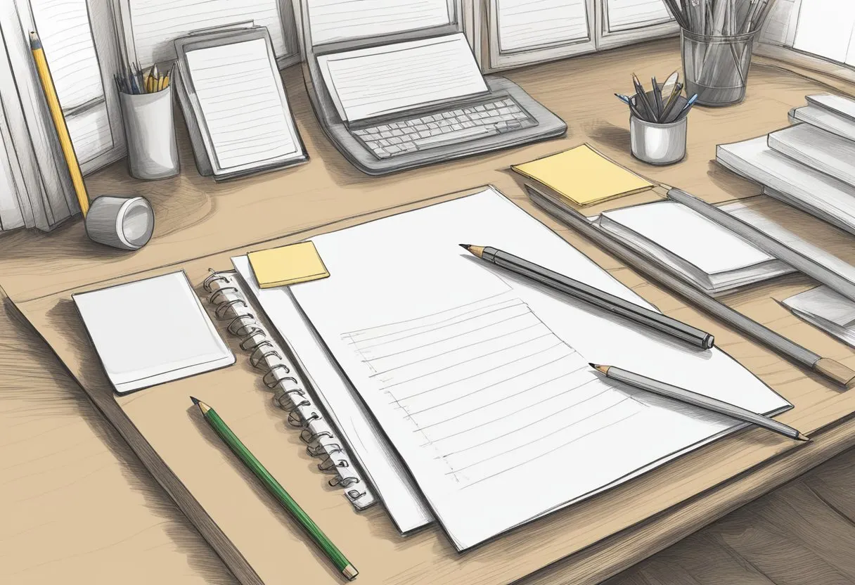 Handwriting practice session — notebook, pen, and ruled lines on a clean desk