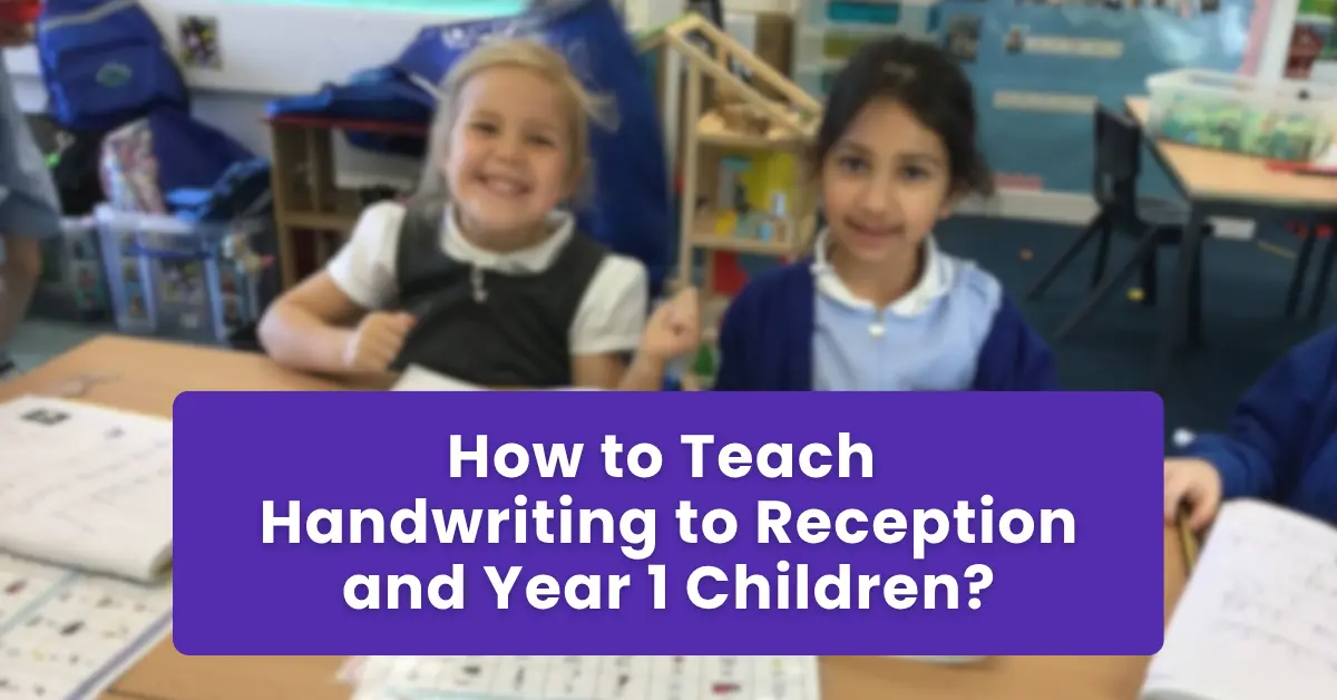 Teacher guiding a young child through letter formation at a classroom desk