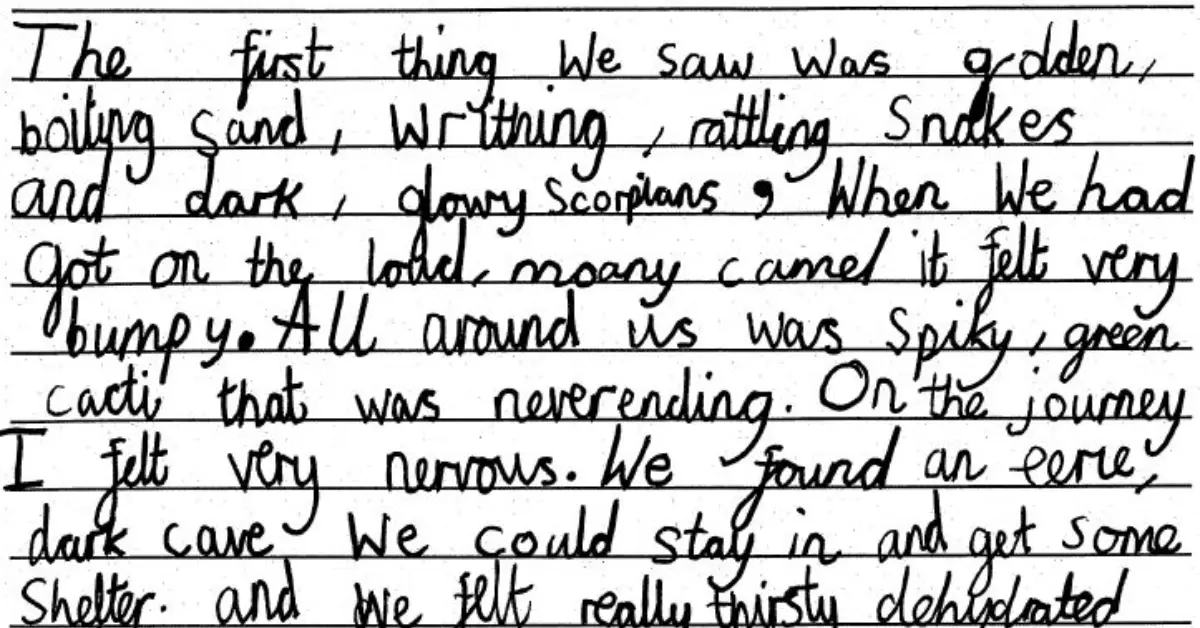 Example of expected Year 2 handwriting showing consistent lower-case letter formation on lined paper