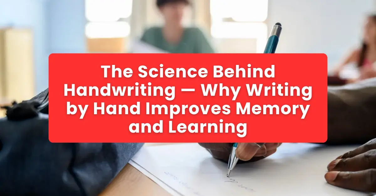 Student writing notes by hand in a notebook with brain neural network illustration overlay