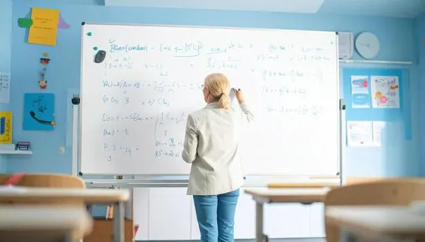 Teacher pointing at handwriting on a classroom whiteboard during a writing lesson