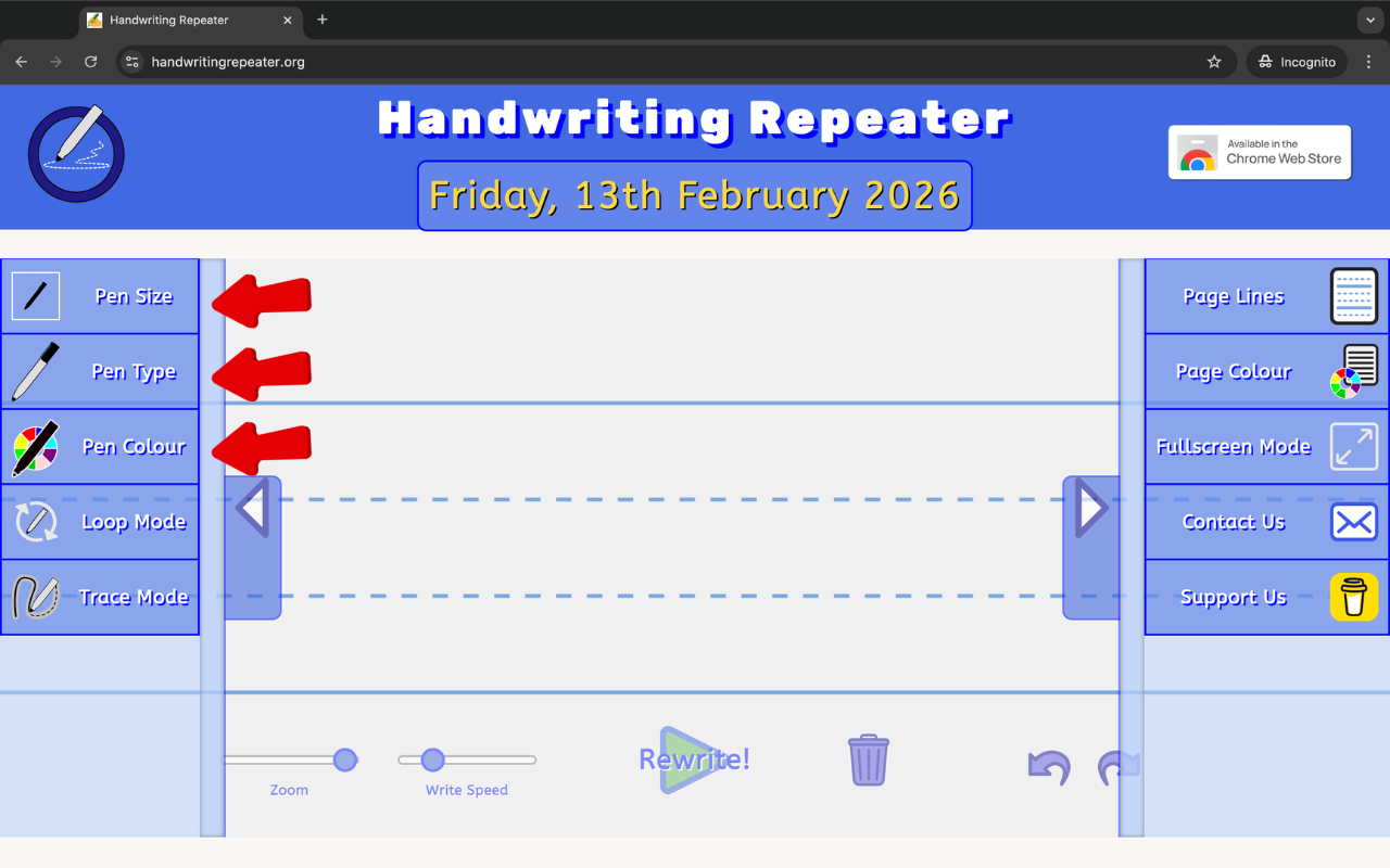 Screenshot showing pen size, pen type and pen colour settings in the left sidebar