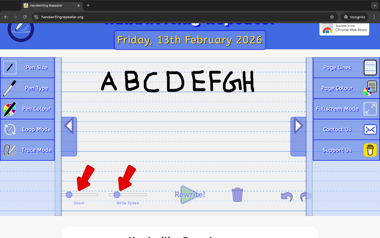 Zoom and Write Speed sliders at the bottom of the tool