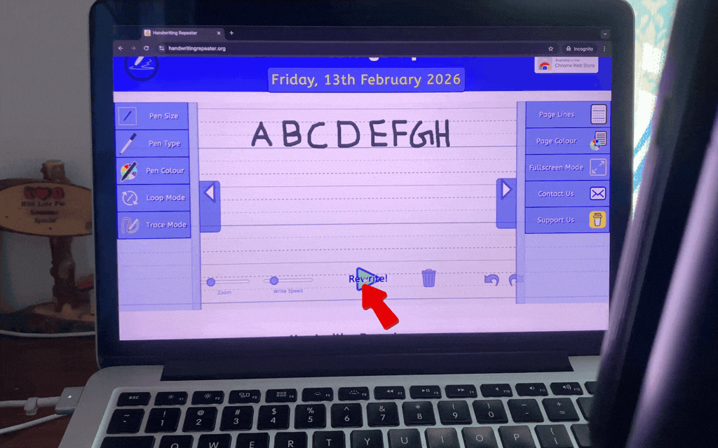 Animation showing the Rewrite button being pressed and handwriting appearing on the canvas